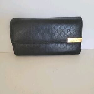 GUCCI GG Guccissima Logo Metal Plate All Leather Wallet Long Envelop Black Retro